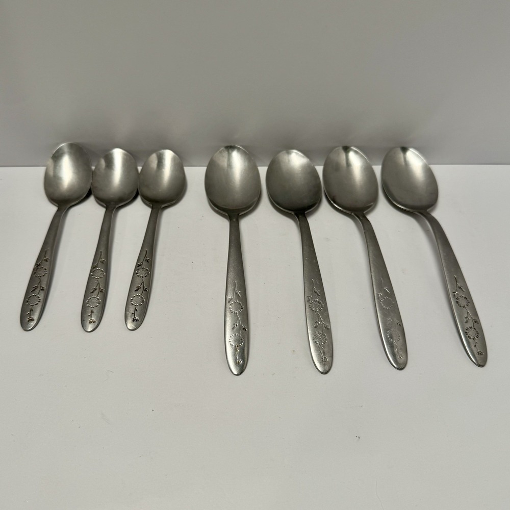 7 Flatware Sears Roebuck Wood Dale Stainless Sunflower 4 Tablespoons 3 Teaspoons